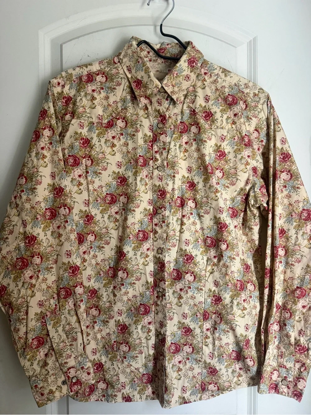 Wrangler Cream Shirt Rose Floral Print M pearl snap cotton long sleeve rodeo - Picture 2 of 7